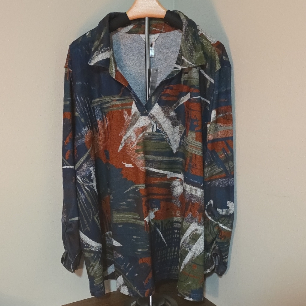 Multiples Women's Abstract-Print Shirt in Navy, Rust & Olive 3X NEW